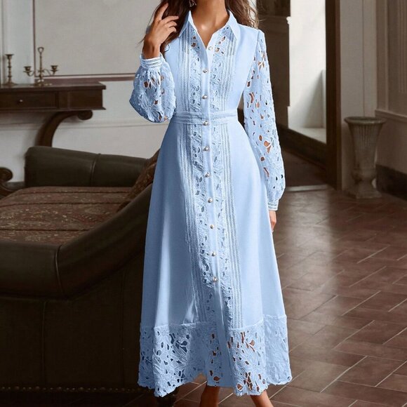 Dresses & Skirts - Blue Elegant Women's Lace Patchwork Formal Gown